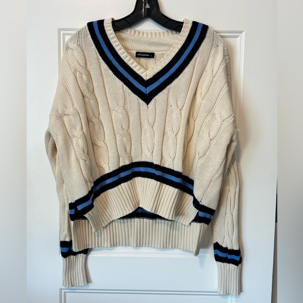 Olivaceous Cable Knit V-Neck Sweater Cream Blue Striped Preppy Large